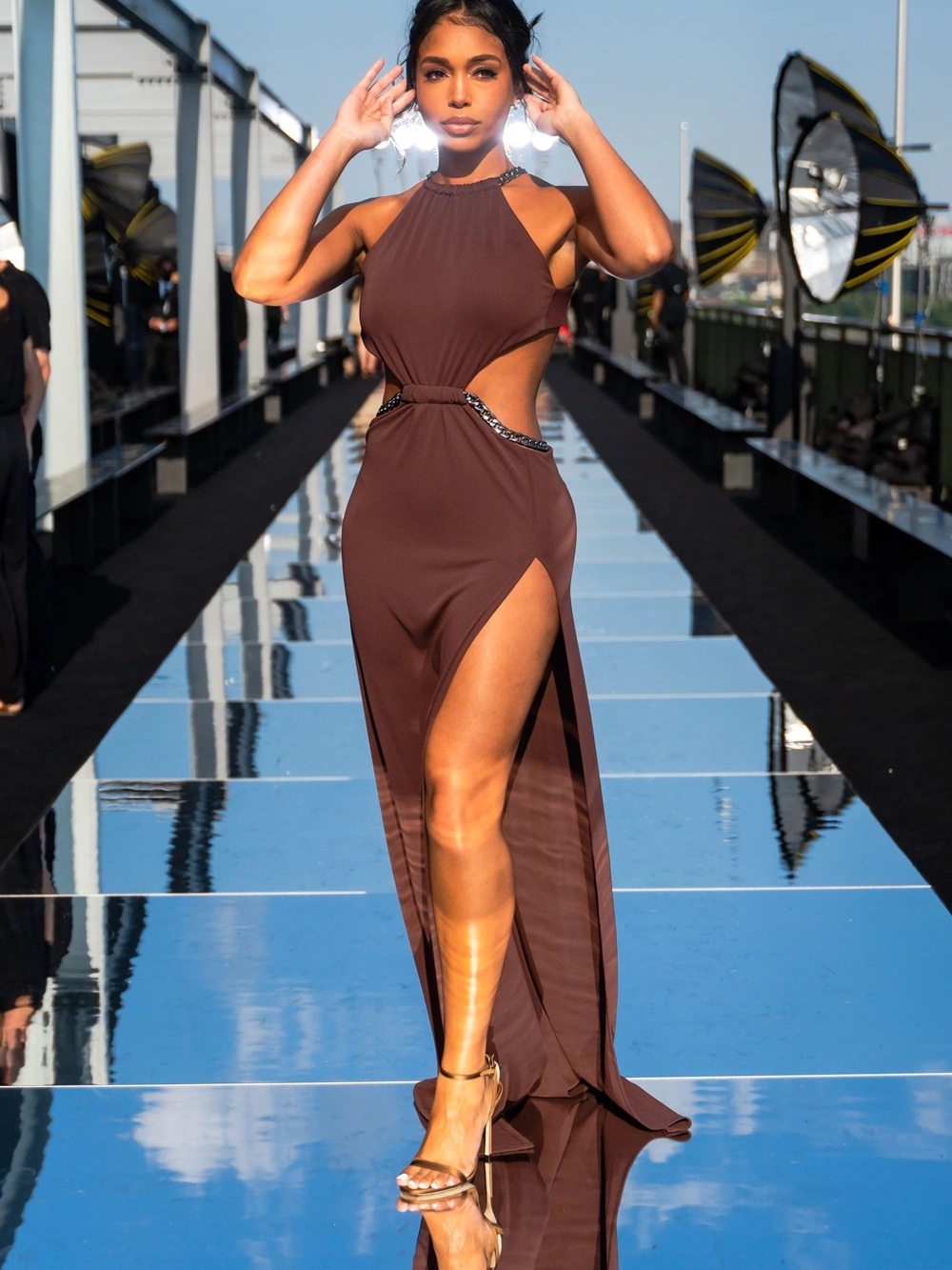 DUNDAS ASO LORI HARVEY Chocolate Brown Cutout Halter High-Slit Evening Gown
